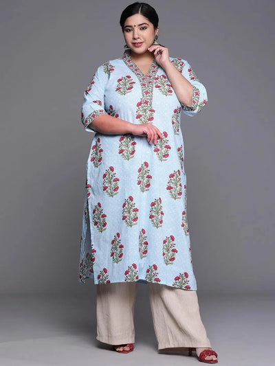 Plus Size Blue Printed Cotton Kurta - Libas