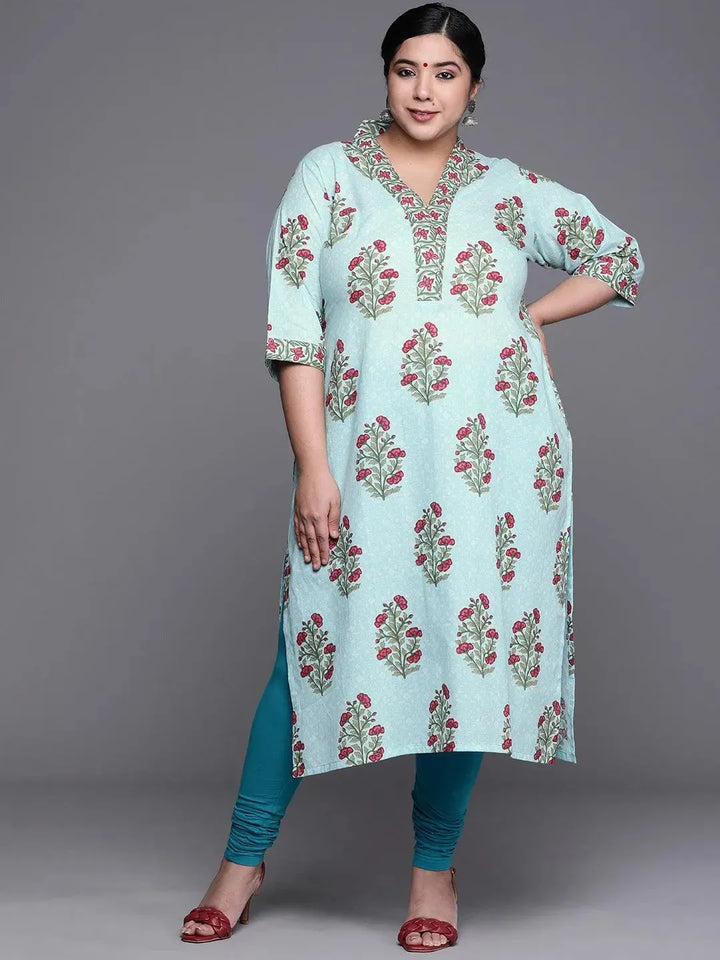 Plus Size Blue Printed Cotton Kurta - Libas