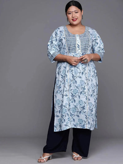 Plus Size Blue Printed Cotton Kurta - Libas