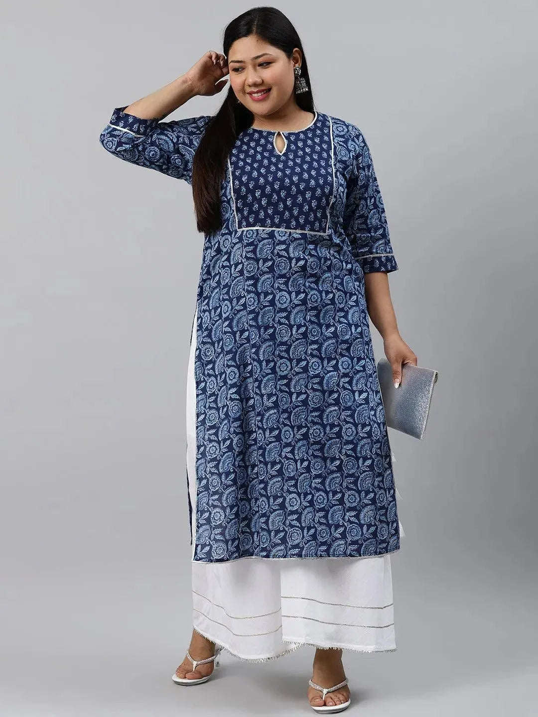 Plus Size Blue Printed Cotton Kurta - Libas