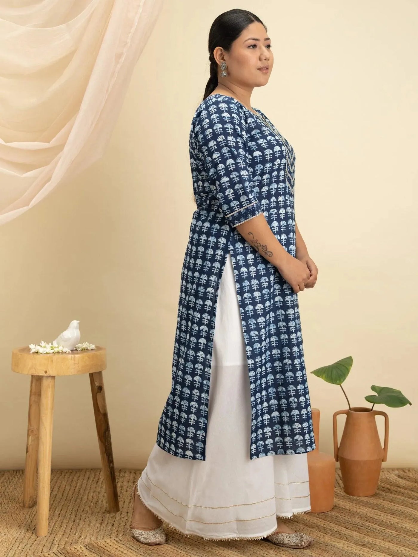 Plus Size Blue Printed Cotton Kurta - Libas