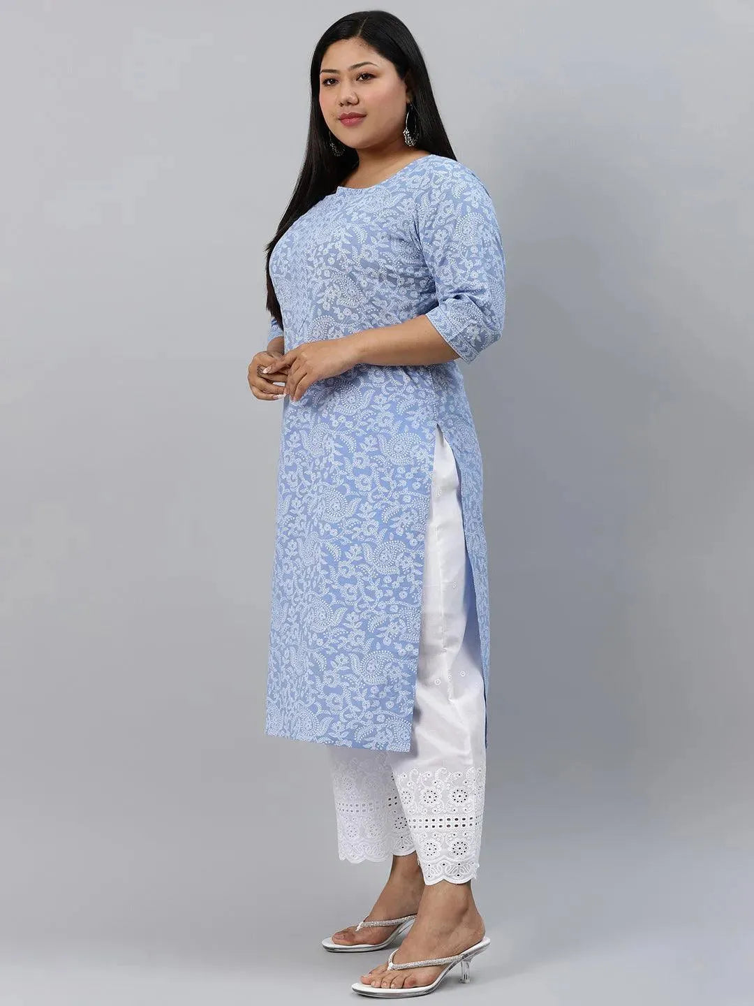 Plus Size Blue Printed Cotton Kurta - Libas