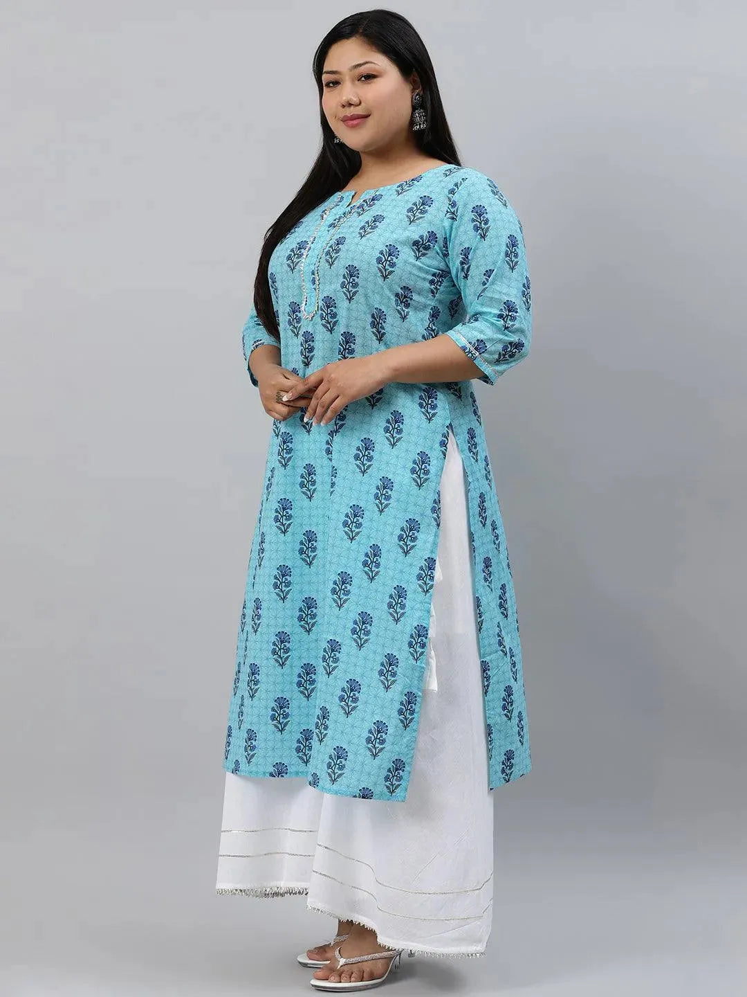 Plus Size Blue Printed Cotton Kurta - Libas