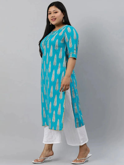 Plus Size Blue Printed Cotton Kurta - Libas