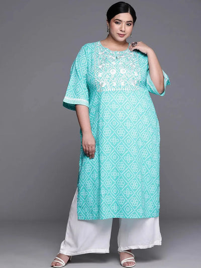 Plus Size Blue Yoke Design Cotton Kurta - Libas