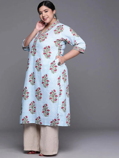 Plus Size Blue Printed Cotton Kurta - Libas