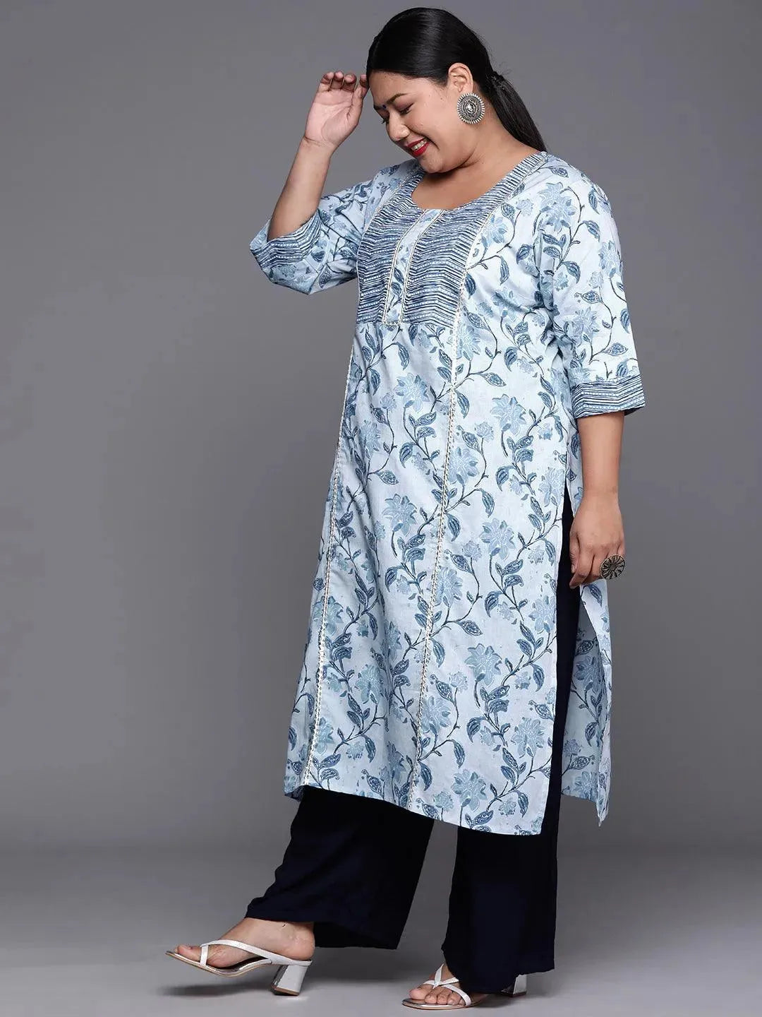 Plus Size Blue Printed Cotton Kurta - Libas