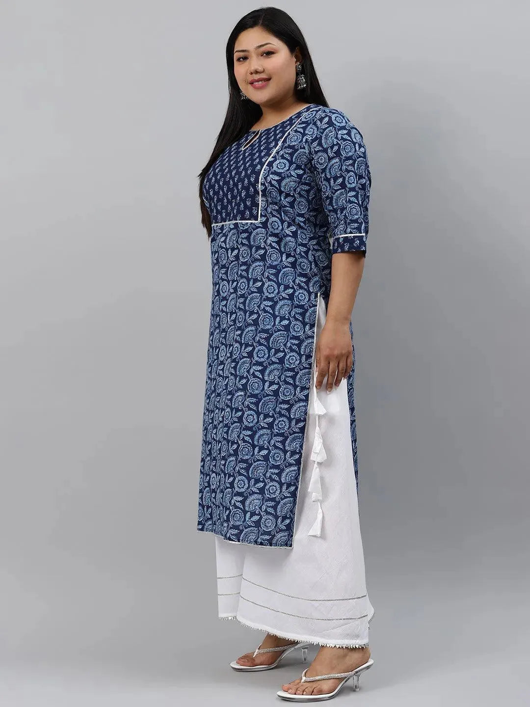 Plus Size Blue Printed Cotton Kurta - Libas