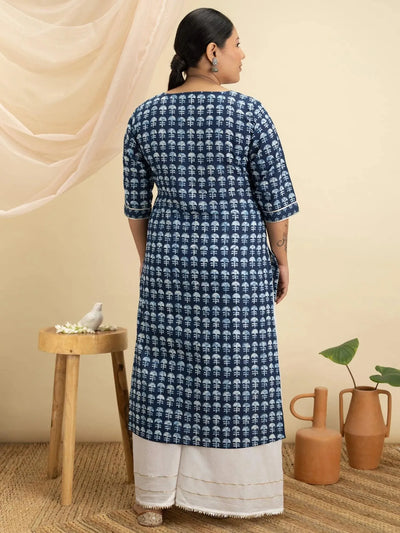 Plus Size Blue Printed Cotton Kurta - Libas