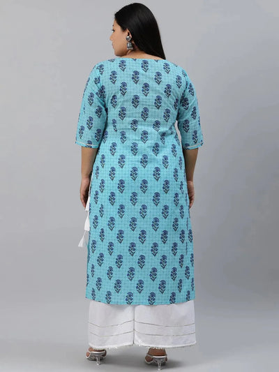 Plus Size Blue Printed Cotton Kurta - Libas