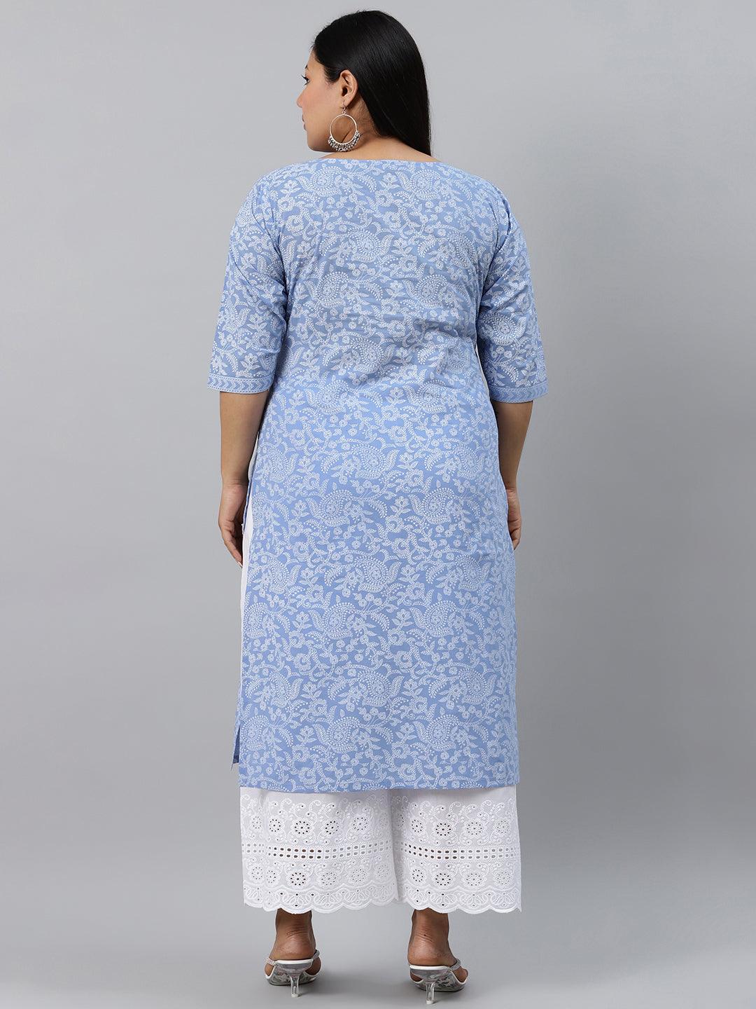 Plus Size Blue Printed Cotton Kurta - Libas