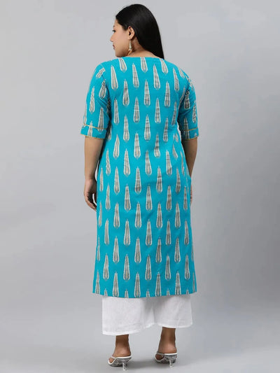 Plus Size Blue Printed Cotton Kurta - Libas