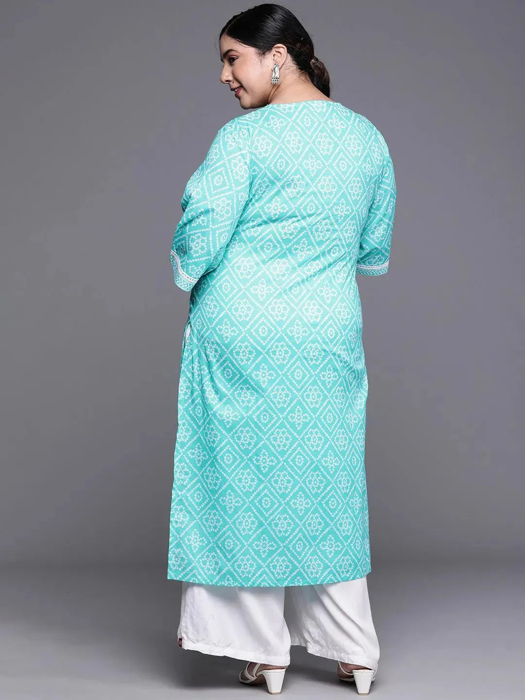 Plus Size Blue Yoke Design Cotton Kurta - Libas