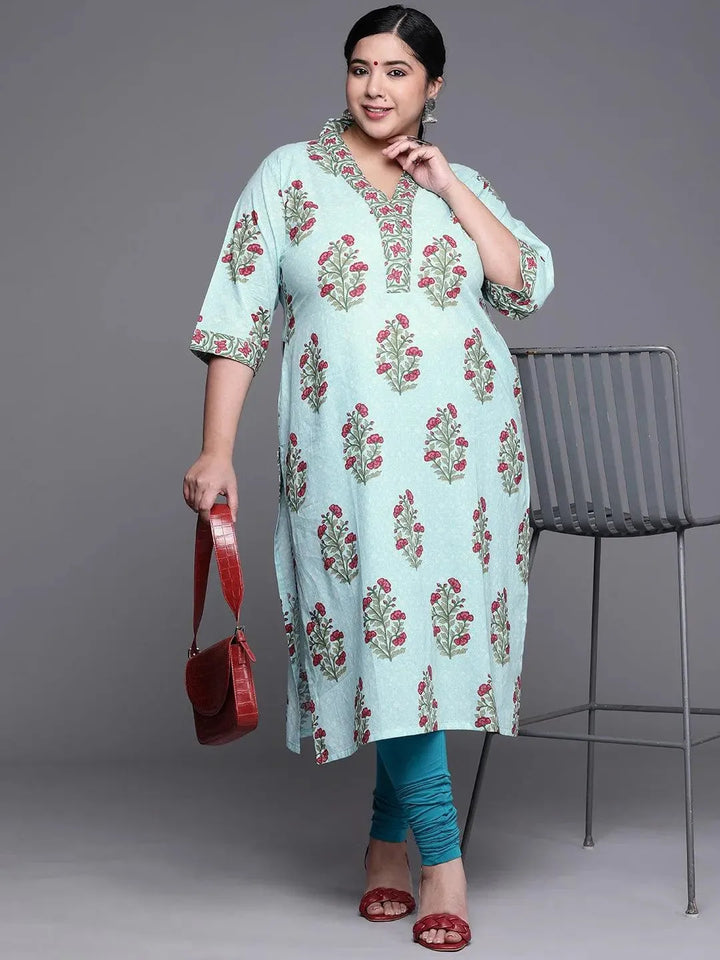 Plus Size Blue Printed Cotton Kurta - Libas