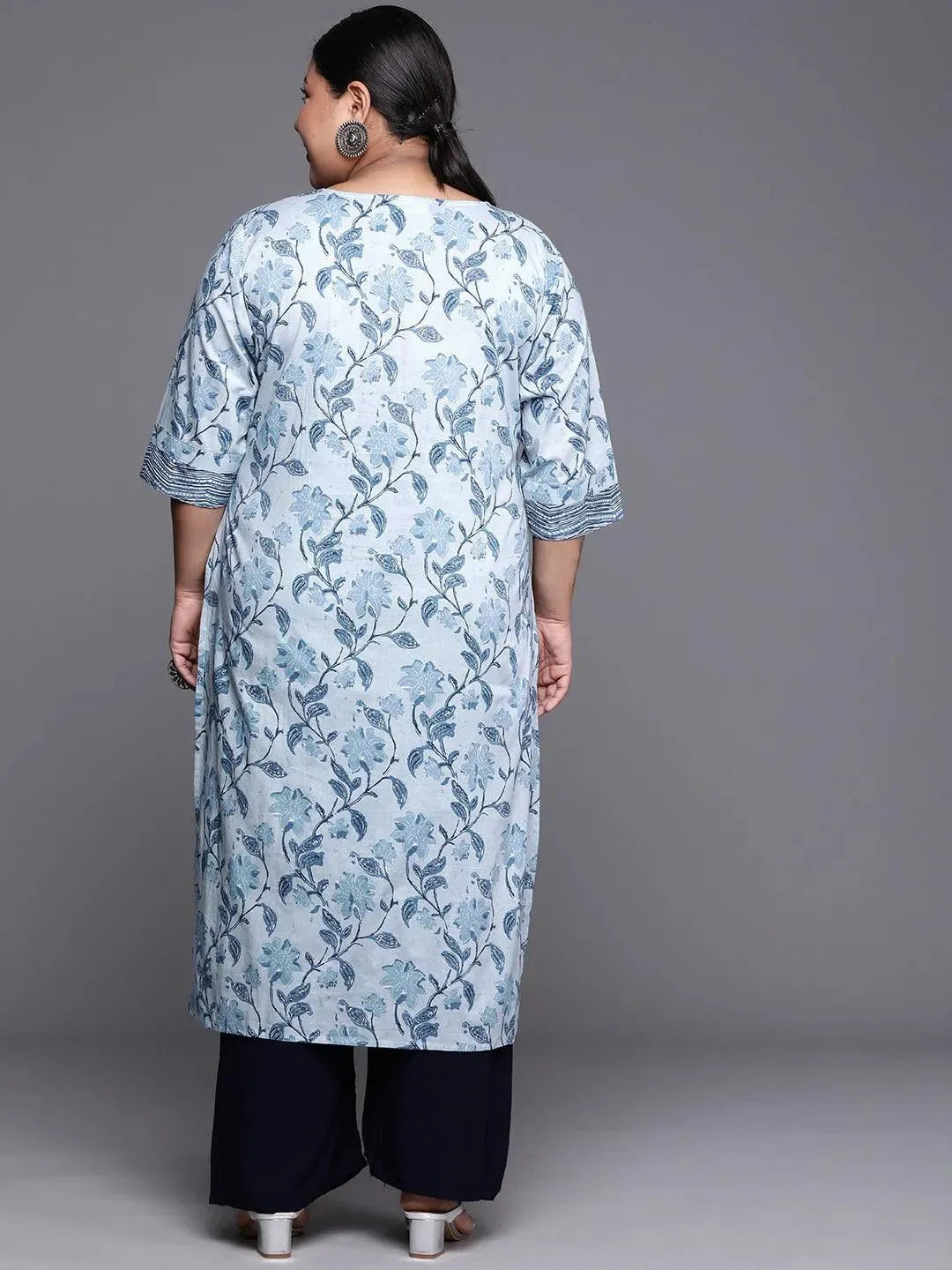 Plus Size Blue Printed Cotton Kurta - Libas 