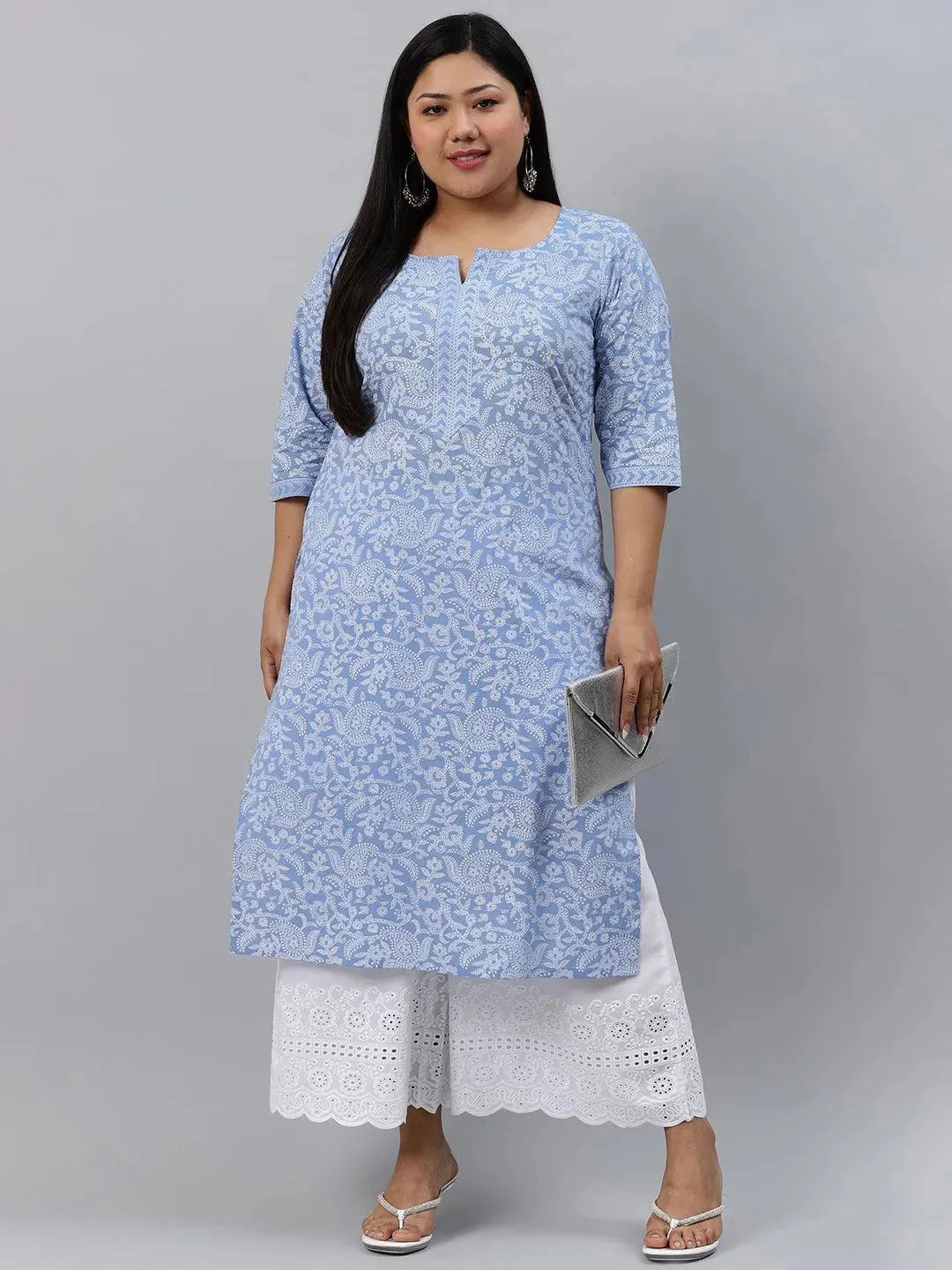 Plus Size Blue Printed Cotton Kurta - Libas