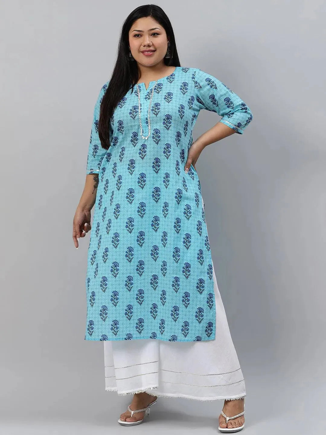 Plus Size Blue Printed Cotton Kurta - Libas