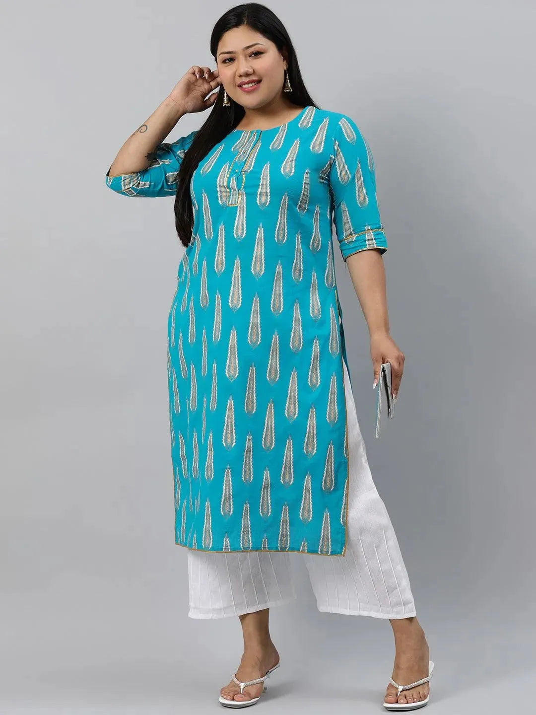 Plus Size Blue Printed Cotton Kurta - Libas