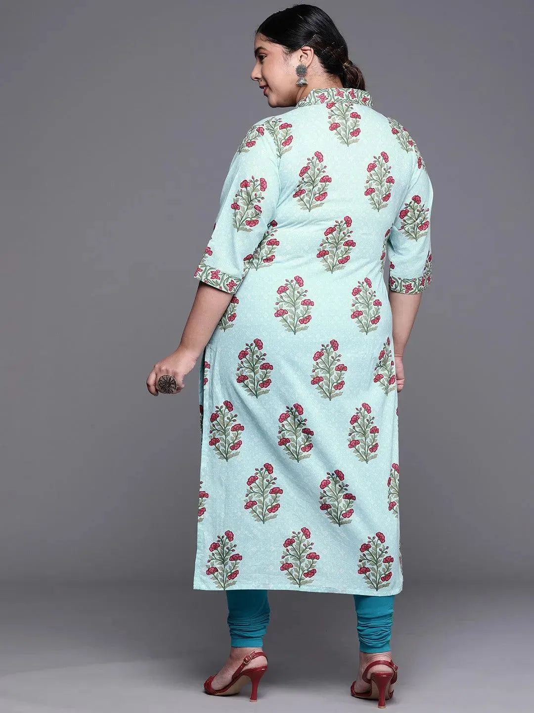 Plus Size Blue Printed Cotton Kurta - Libas