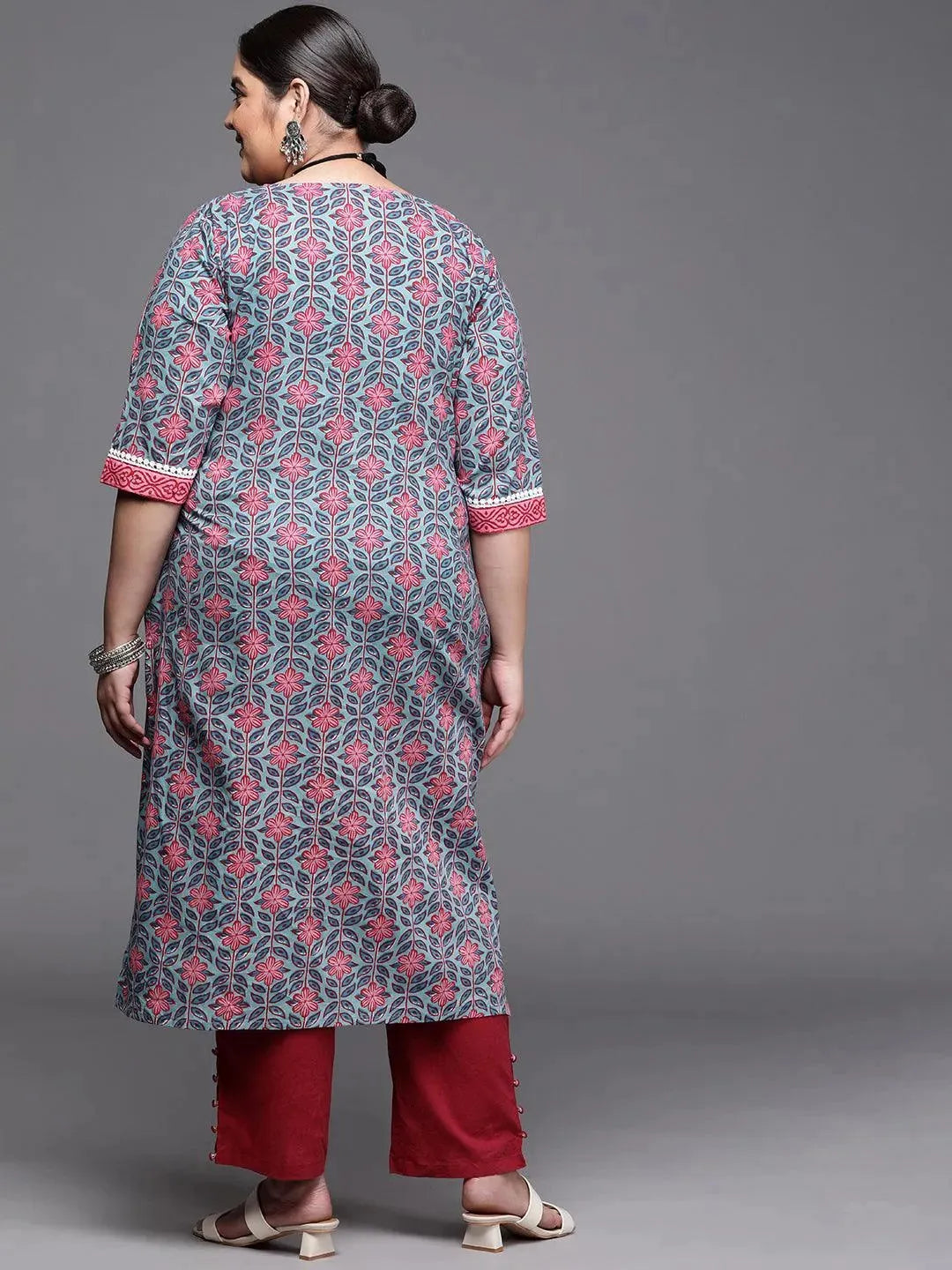 Plus Size Blue Printed Cotton Kurta - Libas