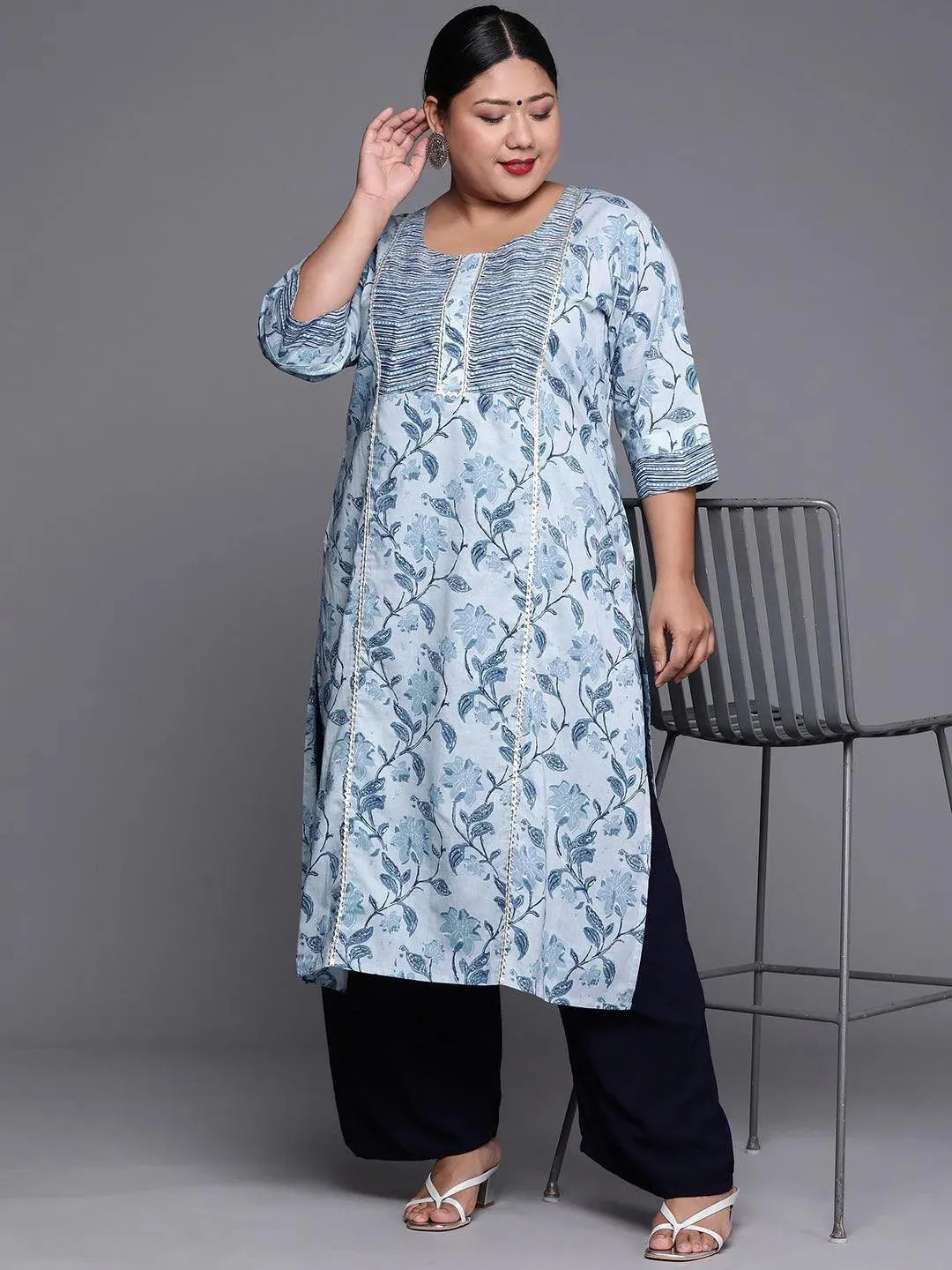 Plus Size Blue Printed Cotton Kurta - Libas