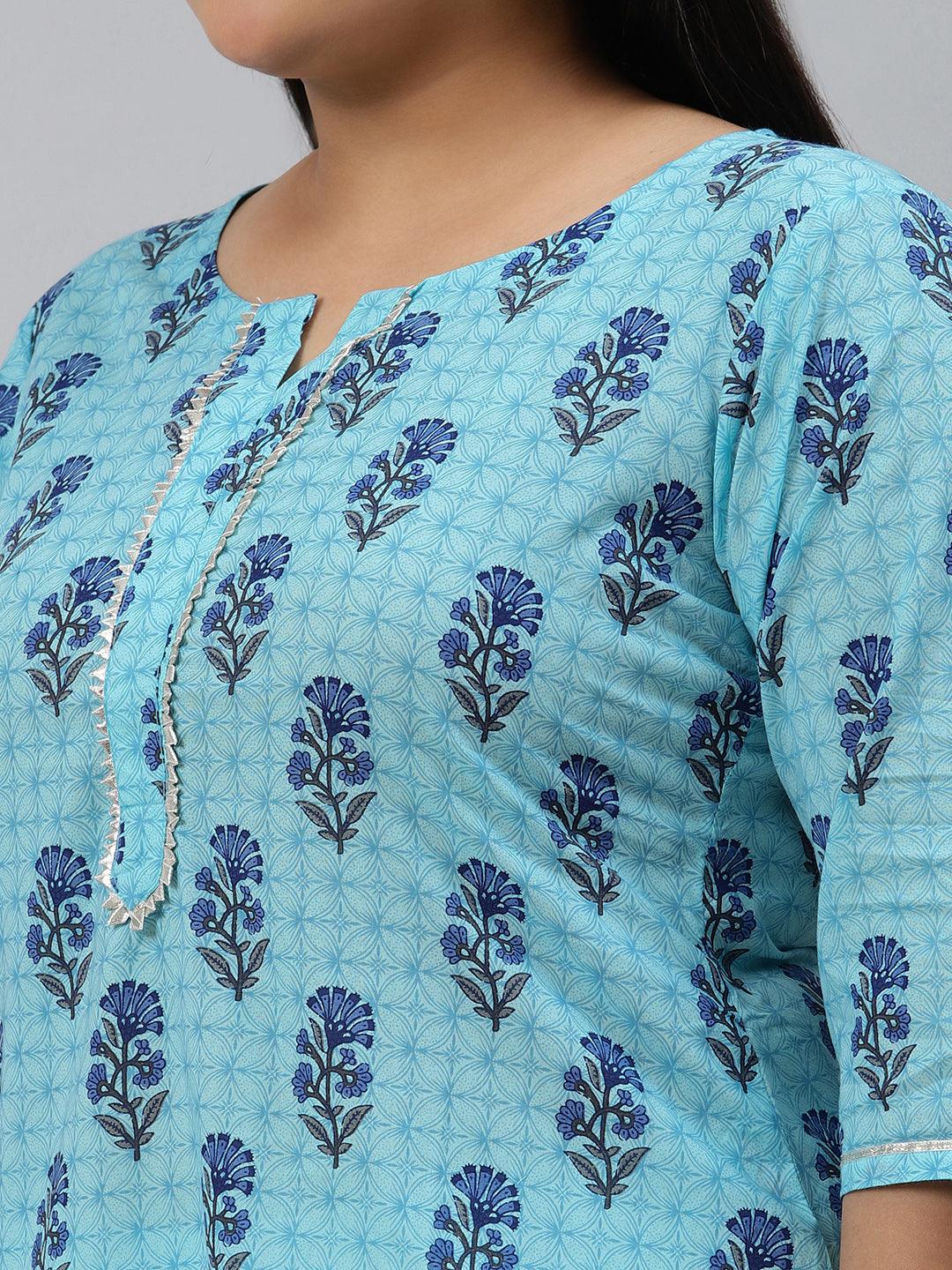 Plus Size Blue Printed Cotton Kurta - Libas