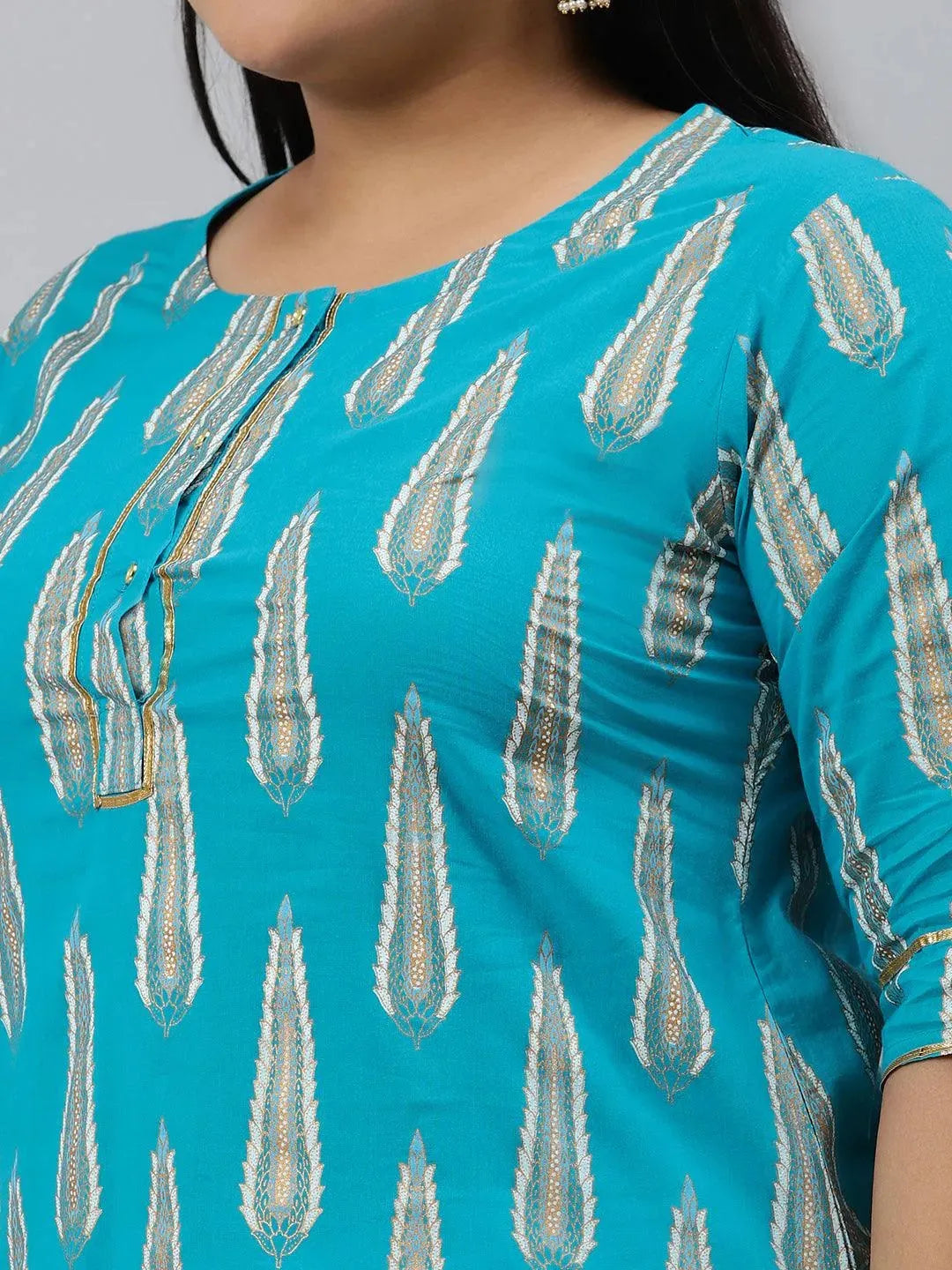 Plus Size Blue Printed Cotton Kurta - Libas