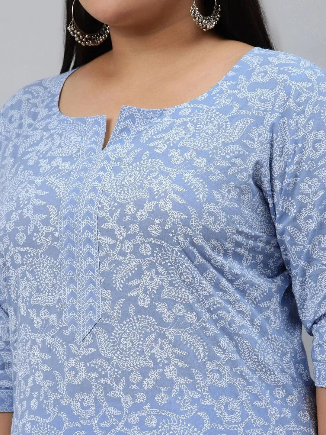 Plus Size Blue Printed Cotton Kurta - Libas 