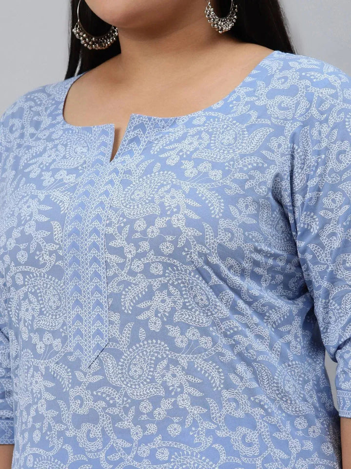 Plus Size Blue Printed Cotton Kurta - Libas