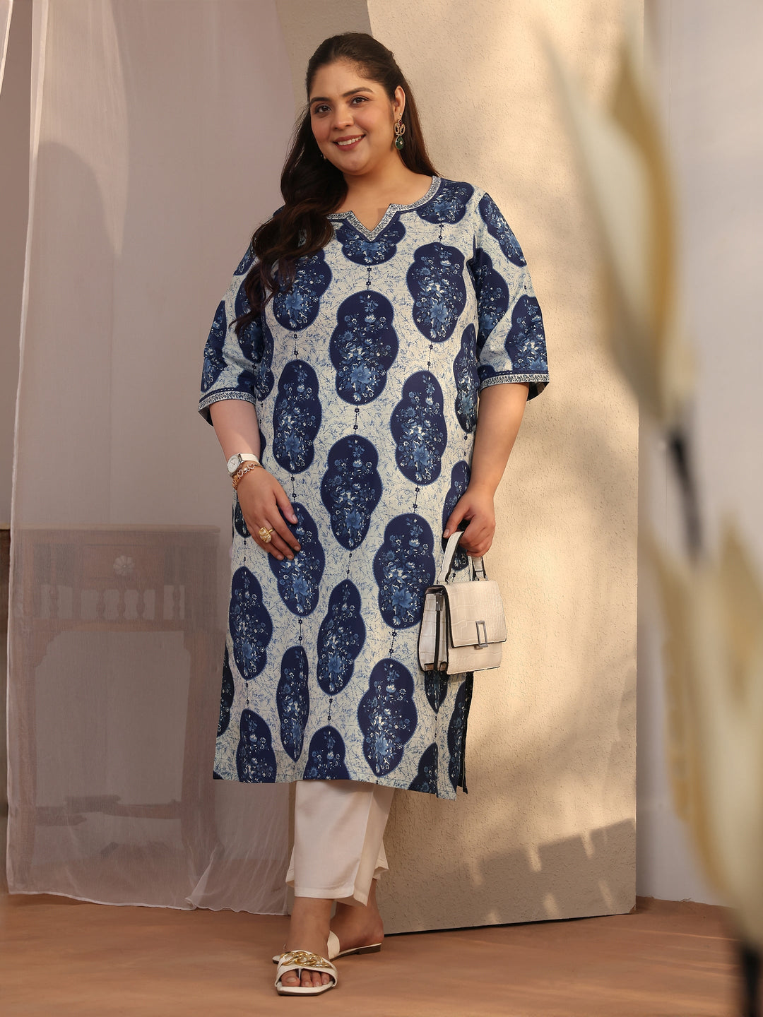 Plus Size Blue Printed Cotton Straight Kurta