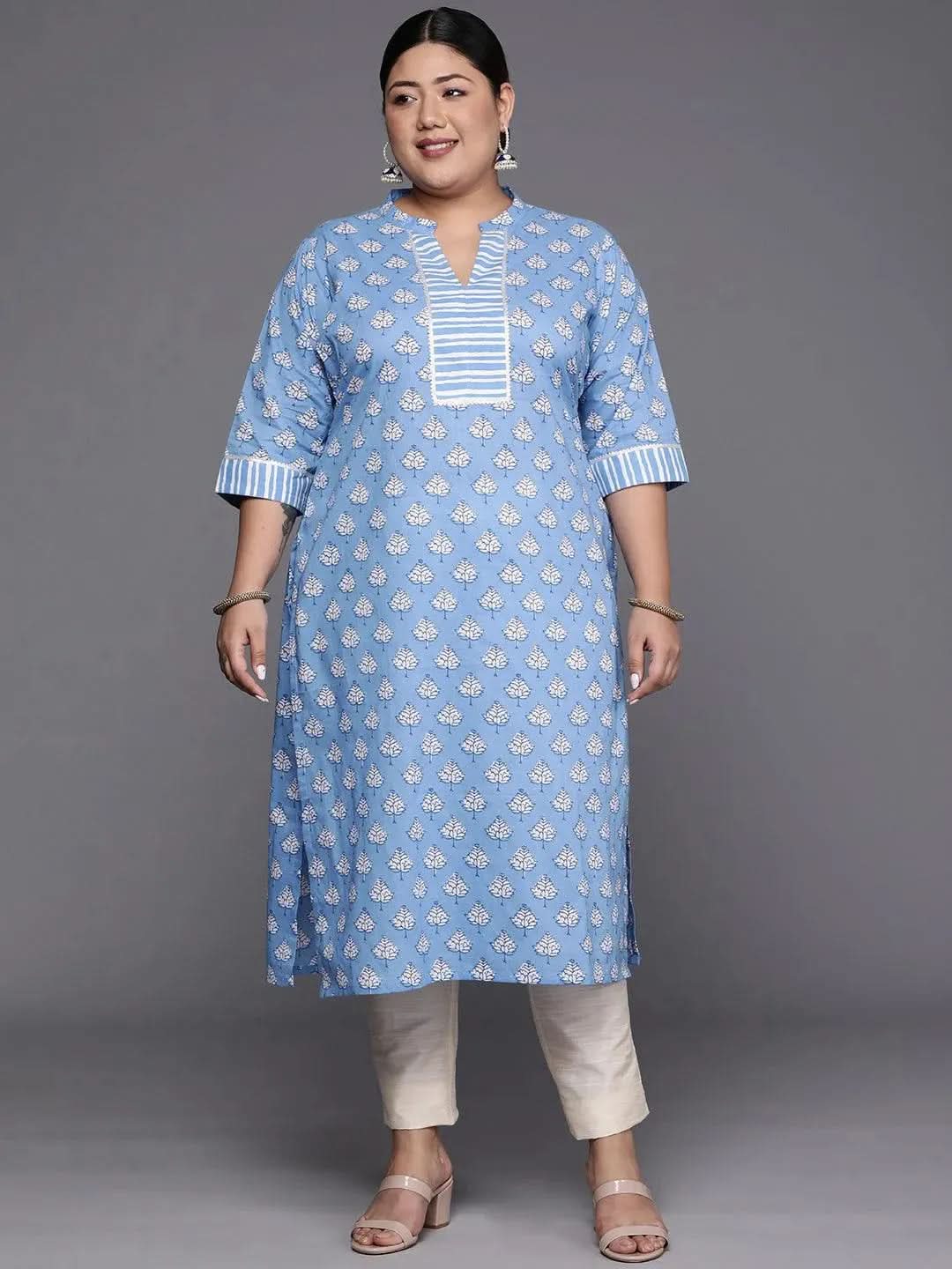  Plus Size Blue Printed Cotton Straight Kurta 