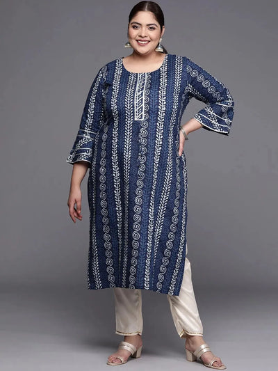 Plus Size Blue Printed Cotton Straight Kurta - Libas