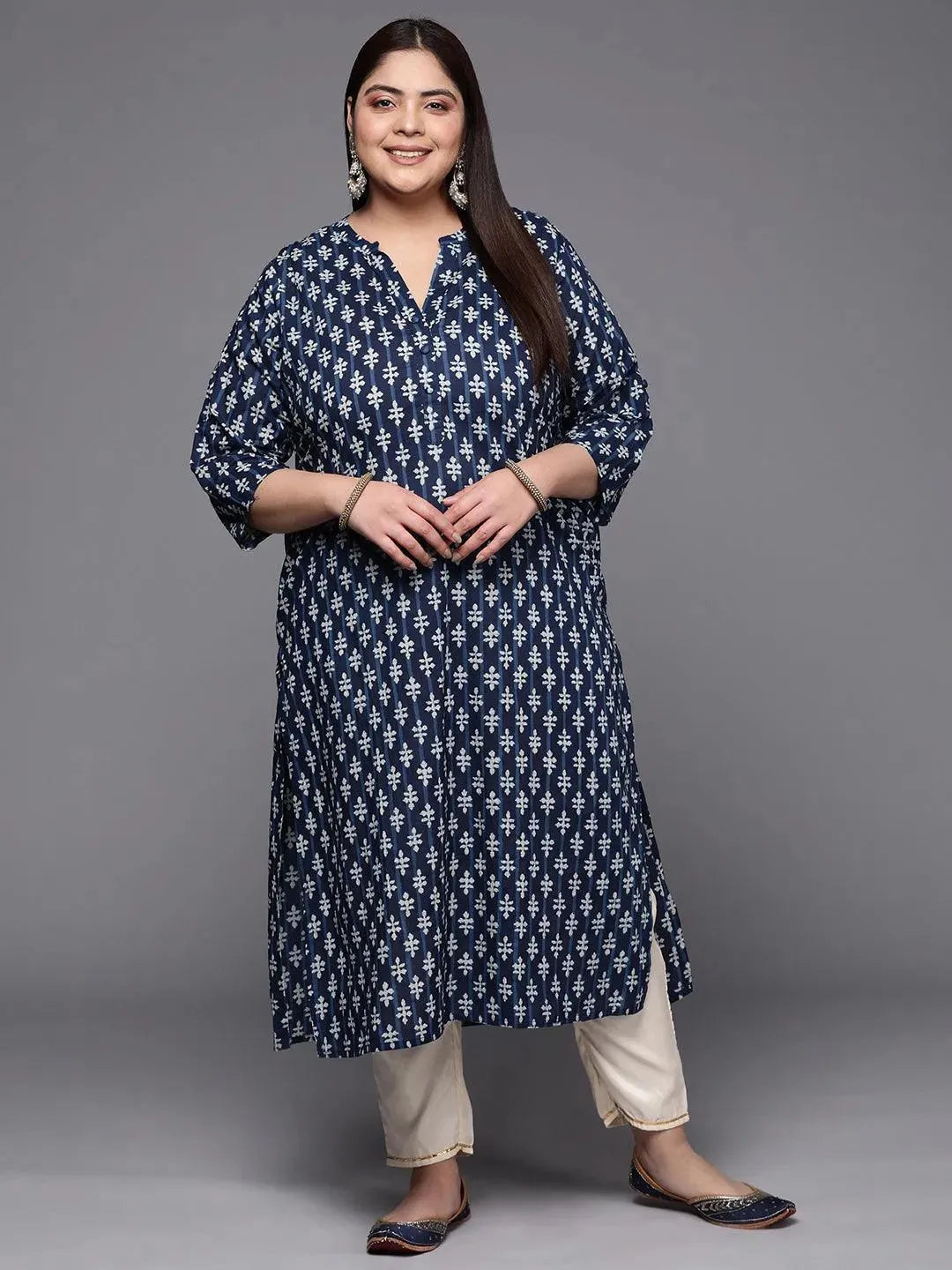 Plus Size Blue Printed Cotton Straight Kurta - Libas 