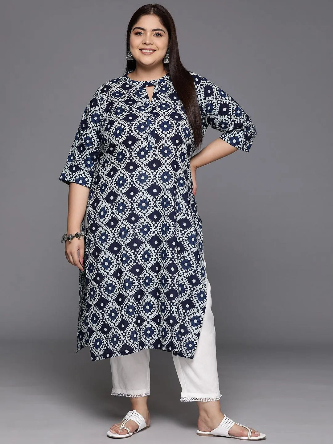 Plus Size Blue Printed Cotton Straight Kurta - Libas