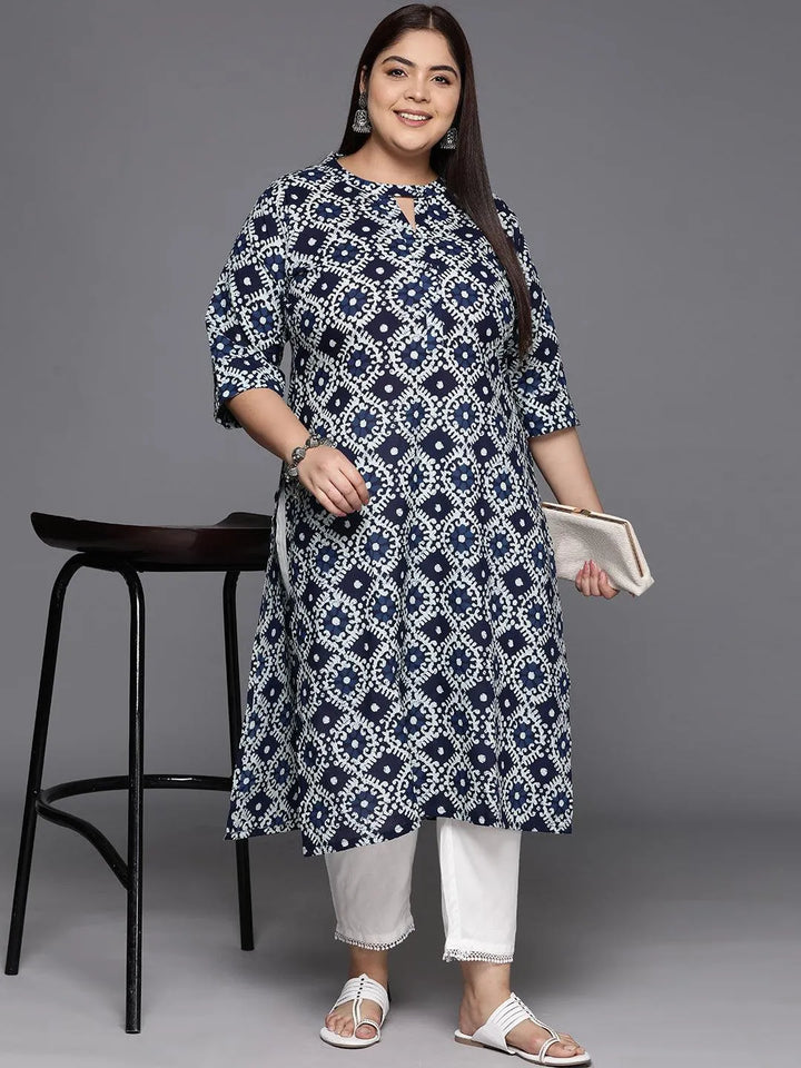 Plus Size Blue Printed Cotton Straight Kurta - Libas