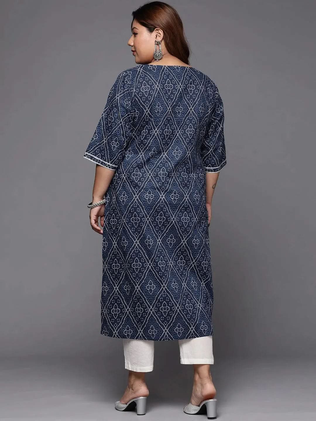 Plus Size Blue Printed Cotton Straight Kurta - Libas 