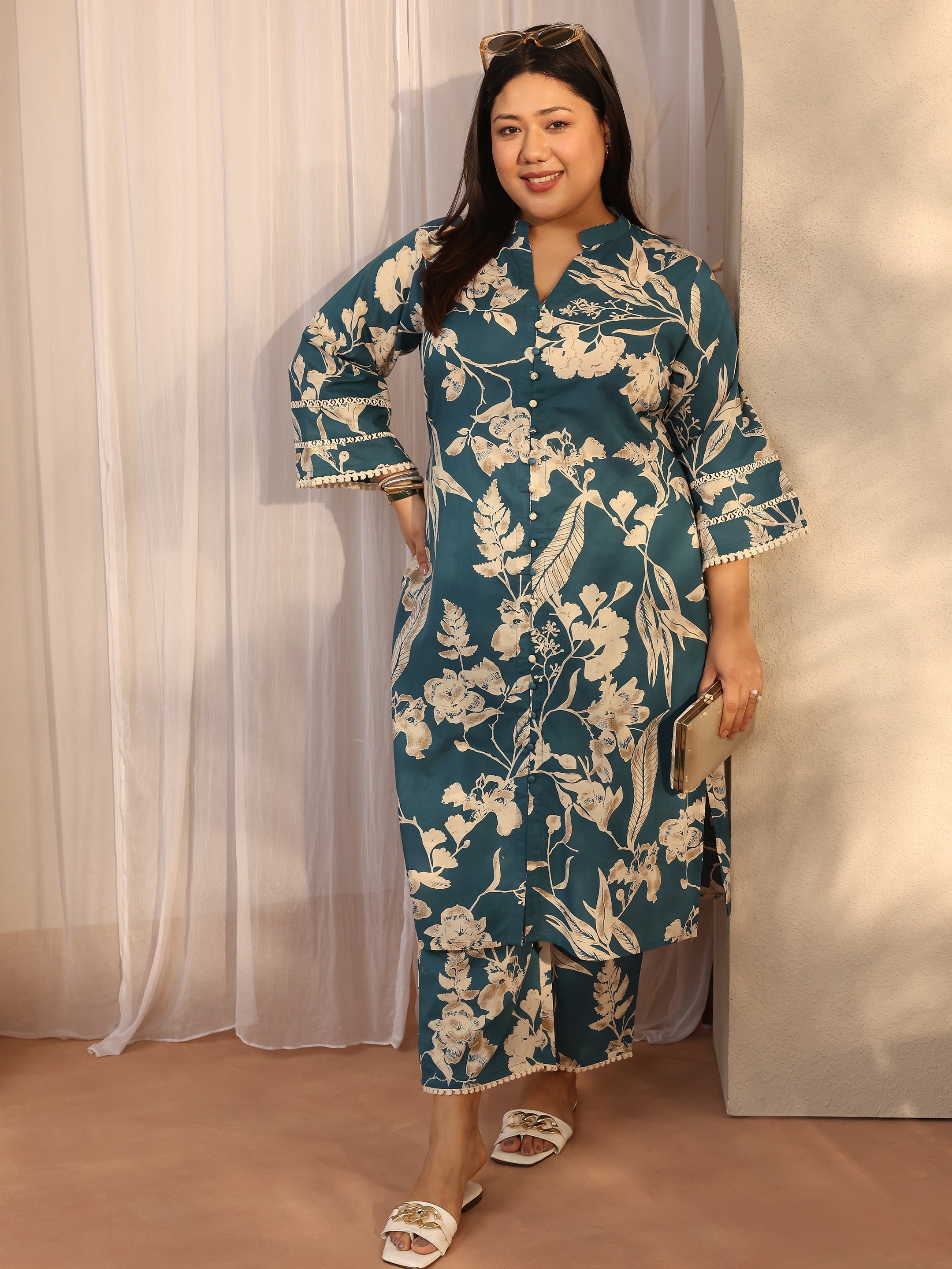 Plus Size Blue Printed Cotton Straight Kurta Set-image-3