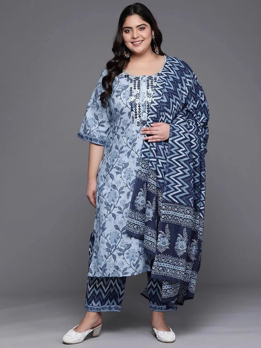 Plus Size Blue Printed Cotton Suit Set - Libas