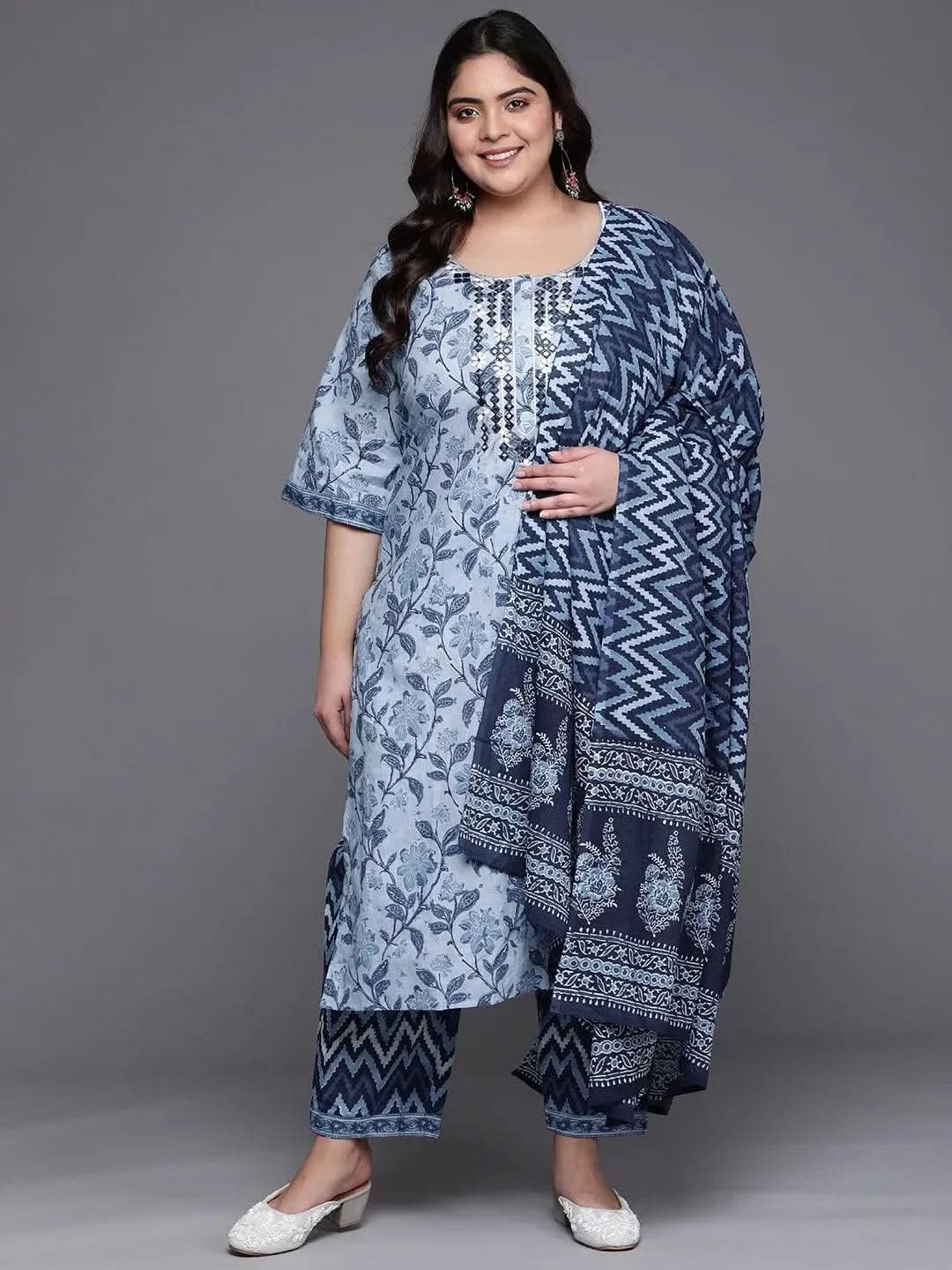  Plus Size Blue Printed Cotton Straight Kurta With Dupatta 