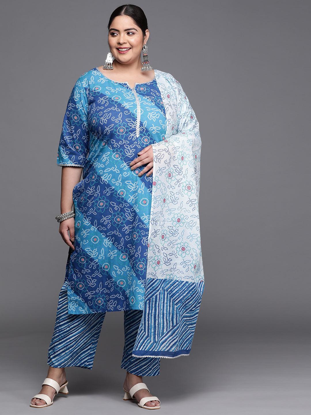 Plus Size Blue Printed Cotton Straight Kurta With Dupatta