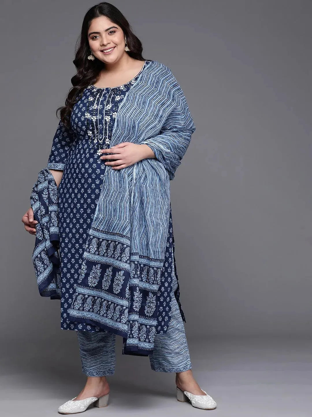 Plus Size Blue Printed Cotton Suit Set - Libas