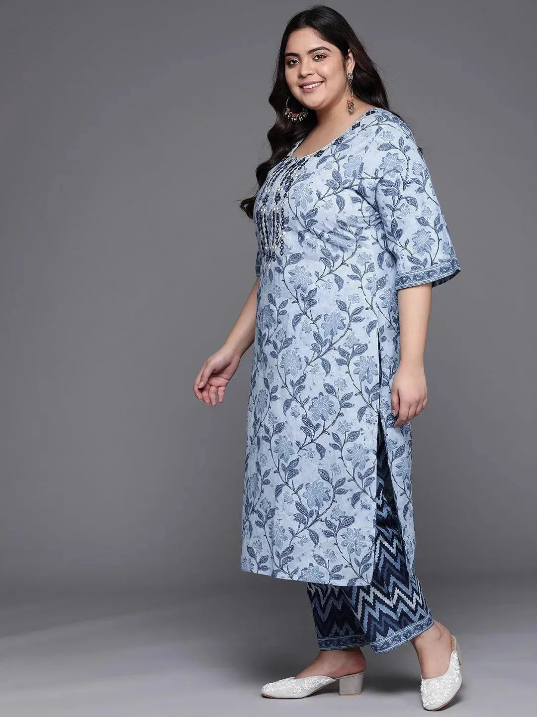 Plus Size Blue Printed Cotton Suit Set - Libas