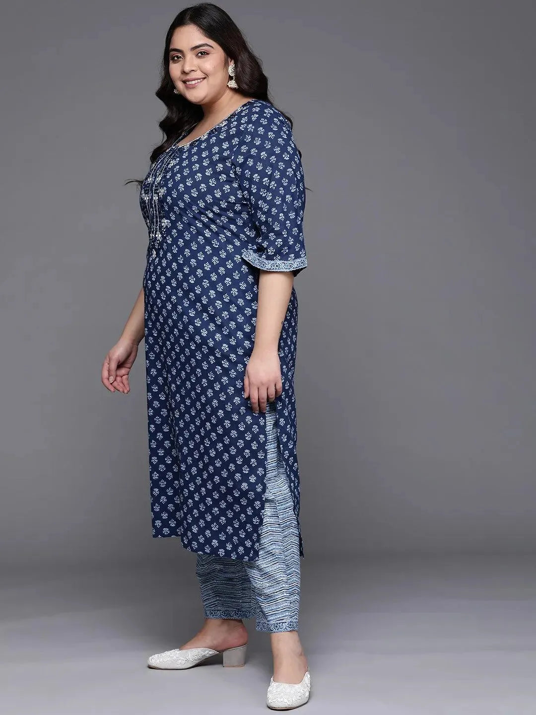 Plus Size Blue Printed Cotton Suit Set - Libas