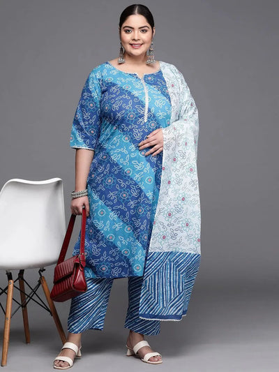 Plus Size Blue Printed Cotton Suit Set - Libas