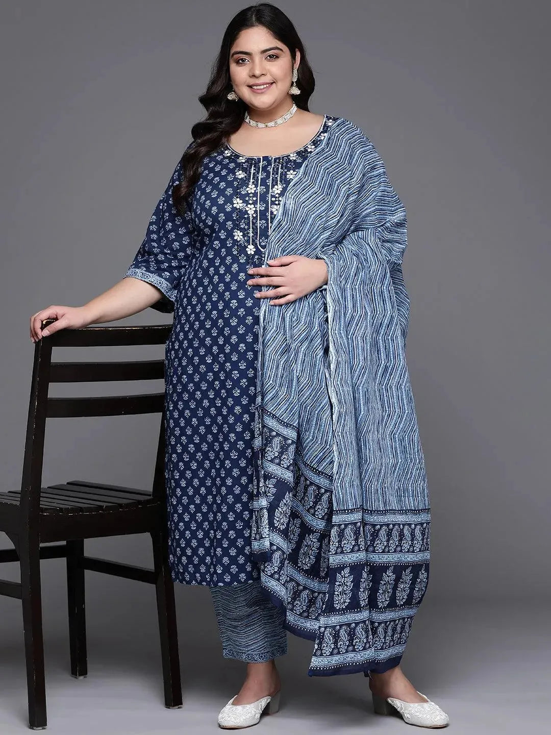 Plus Size Blue Printed Cotton Suit Set - Libas