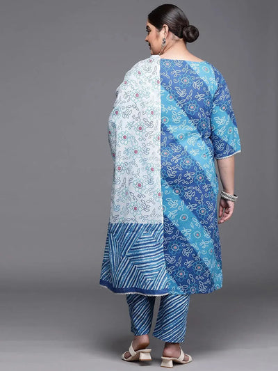 Plus Size Blue Printed Cotton Suit Set - Libas