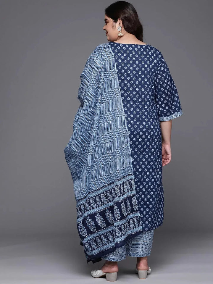 Plus Size Blue Printed Cotton Suit Set - Libas