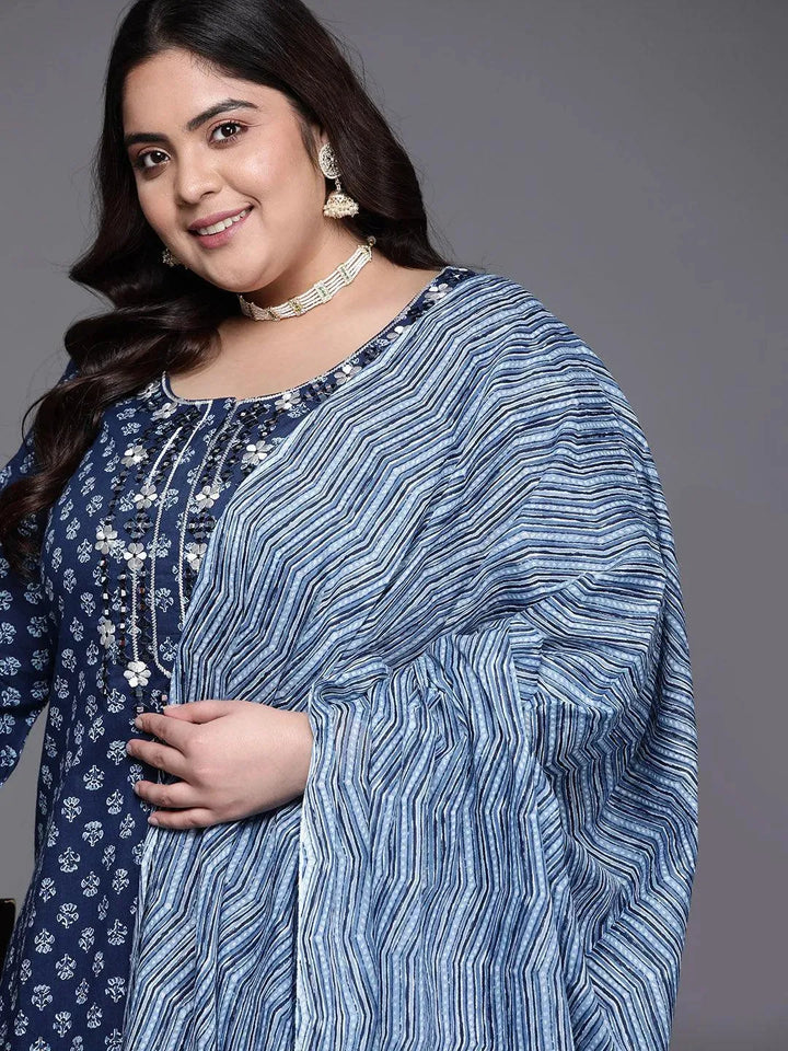 Plus Size Blue Printed Cotton Suit Set - Libas