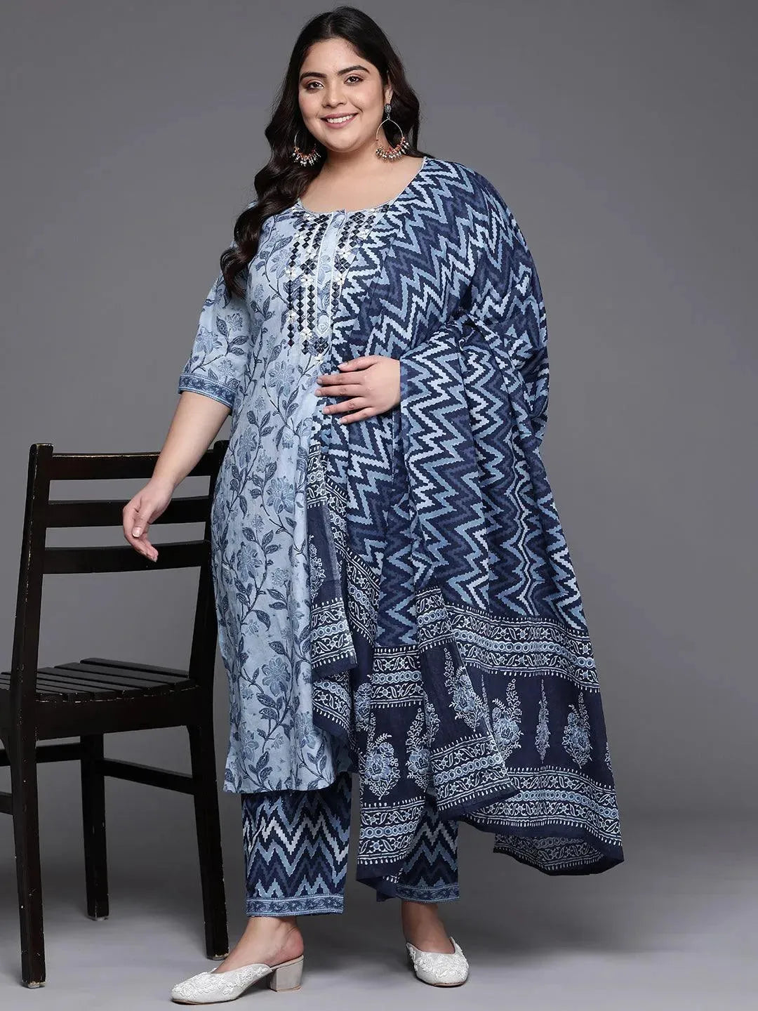 Plus Size Blue Printed Cotton Suit Set - Libas