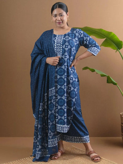 Plus Size Blue Printed Cotton Suit Set - Libas